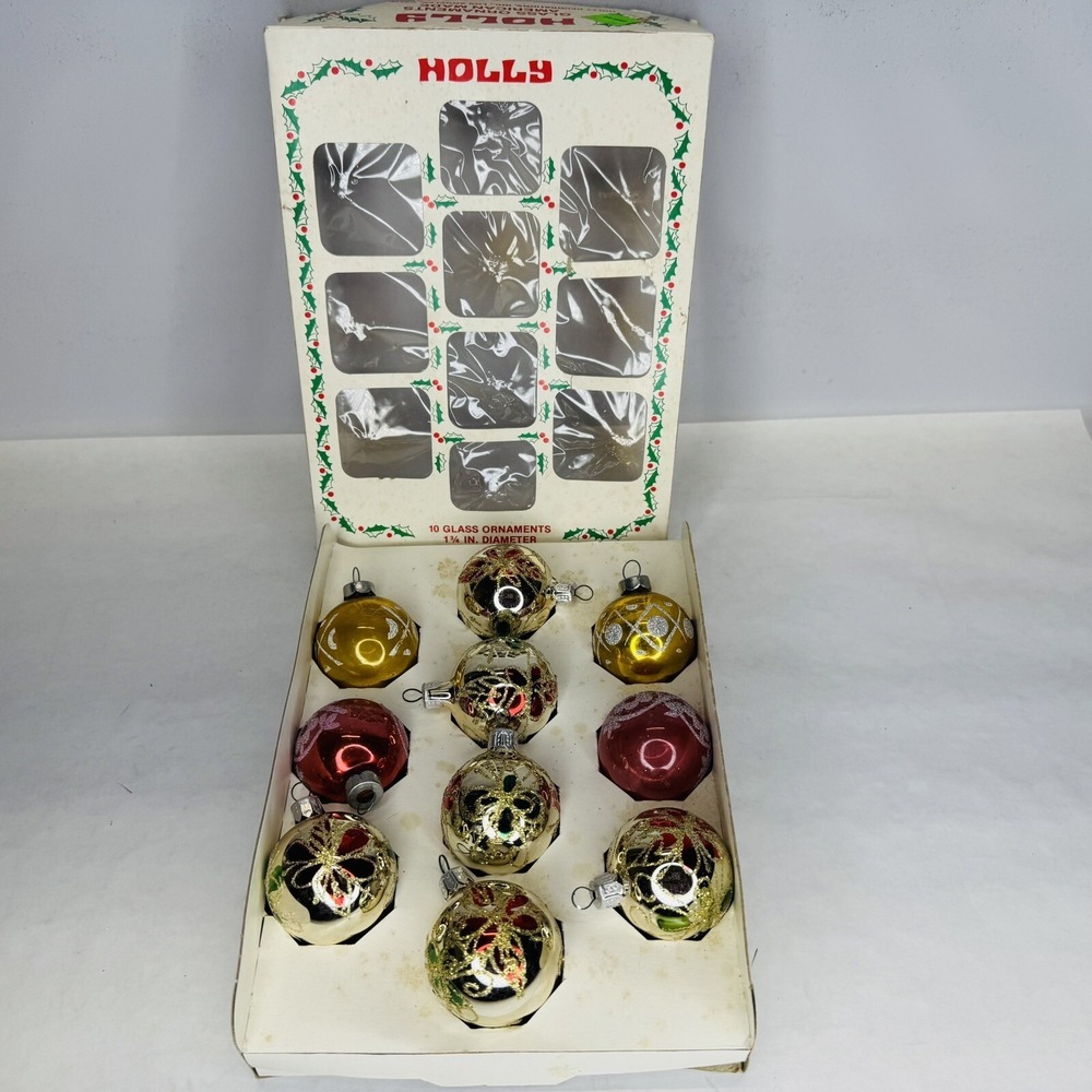 Lot Of 10 Vintage Holly Christmas Tree Ornaments Stencil Glitter in box‎